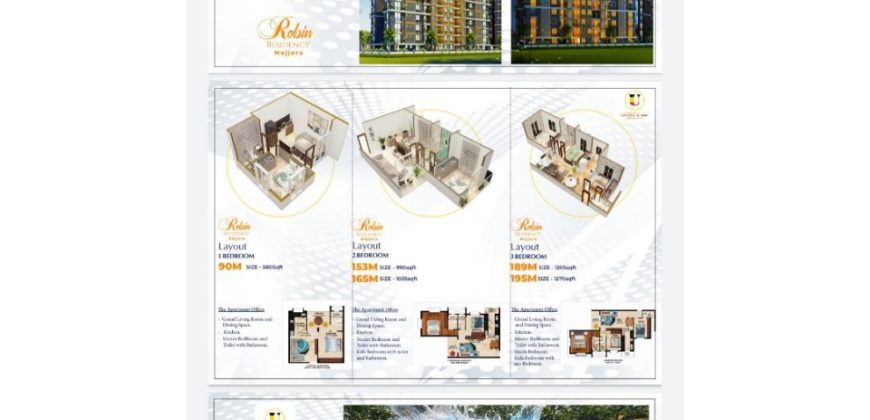 Apartments for sale, Robin Residency Najjera, 1 bedroom Apartment at 90m, 2 bedrooms Apartment at 153m – 165m, 3 bedrooms Apartment at 189m – 195m